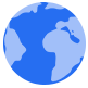 A simple blue globe icon showing Earth with continents in a lighter blue shade against a white background.