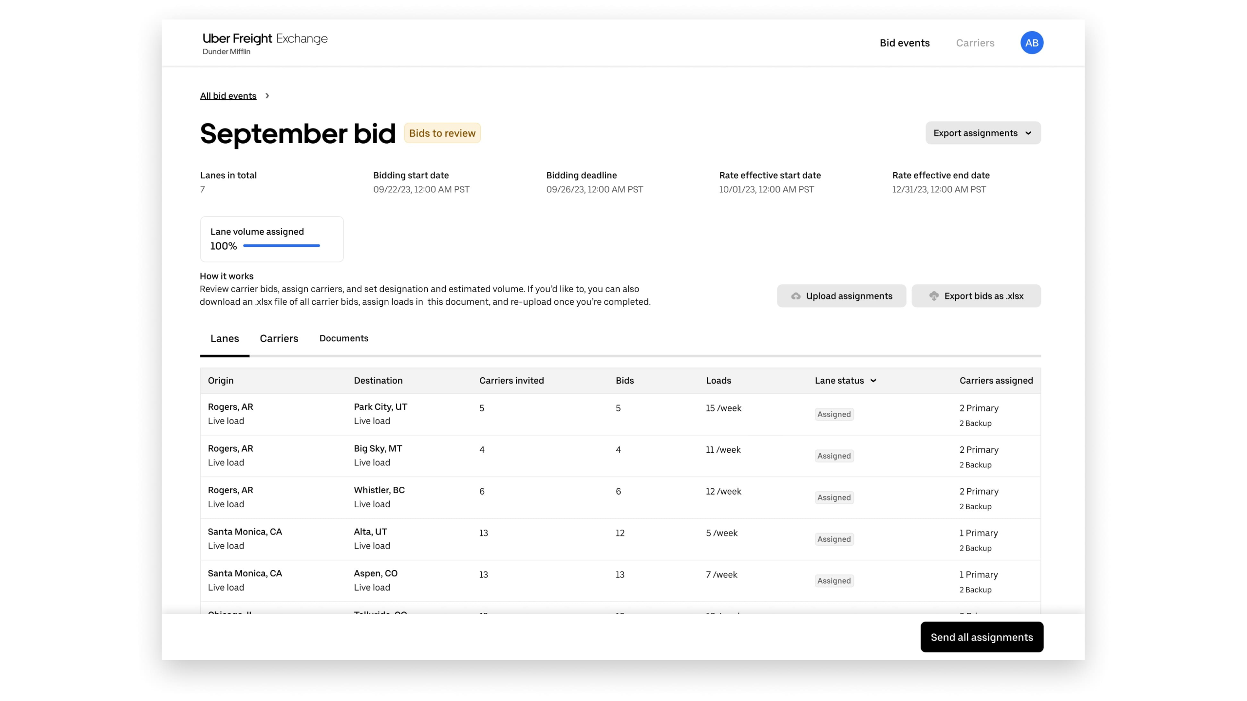 Regnor TT Exchange dashboard showing September bid details with shipping lanes, carriers, and assignment status.