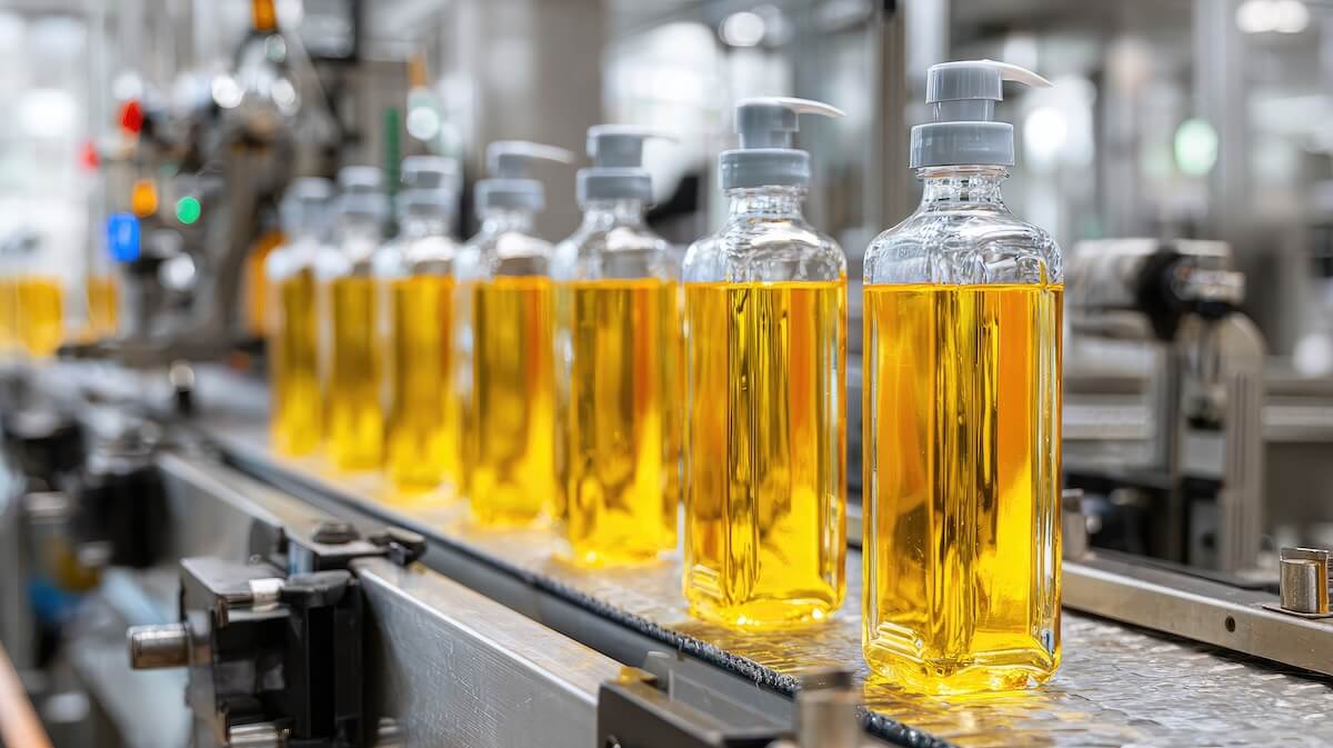 Conveyor belt moving newly packaged liquid consumer goods during the manufacturing process.