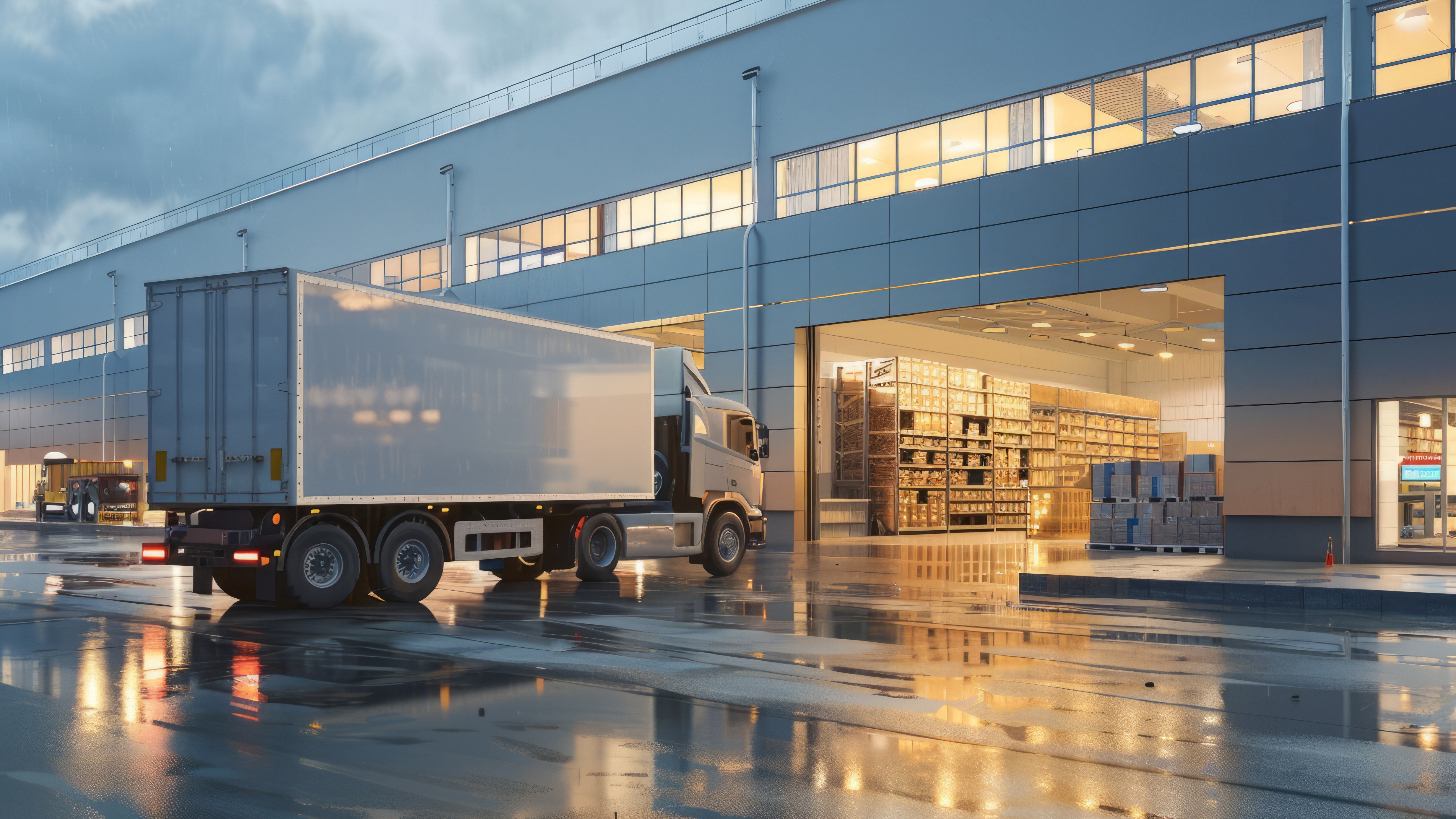 White delivery truck at loading dock of modern warehouse facility with illuminated interior visible on rainy evening.