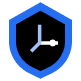 A blue shield icon with a clock face inside, representing security or time protection features.