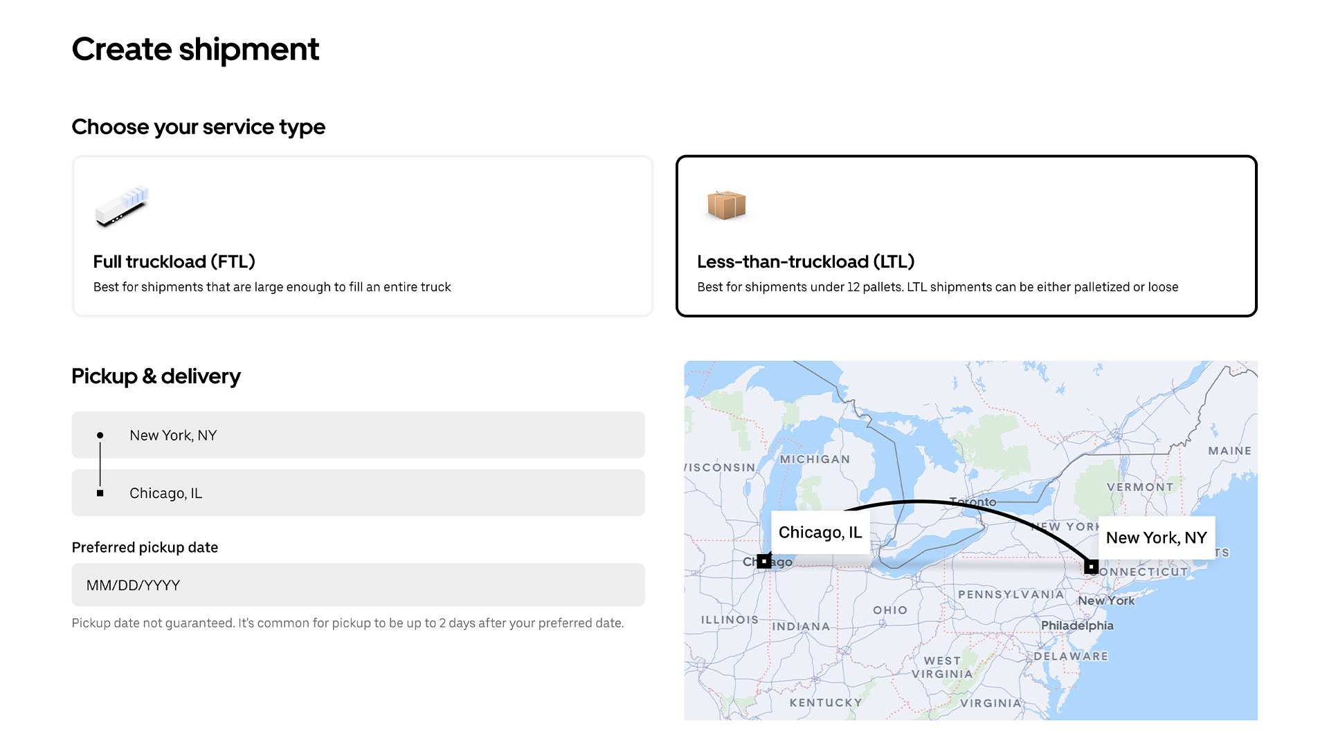 Shipping interface showing FTL and LTL options with a map displaying route from Chicago to New York for pickup and delivery.