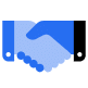 A blue handshake icon on a black background, representing partnership or agreement.