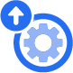 Blue circular icon with upward arrow above a gear symbol, representing upload settings or configuration options.